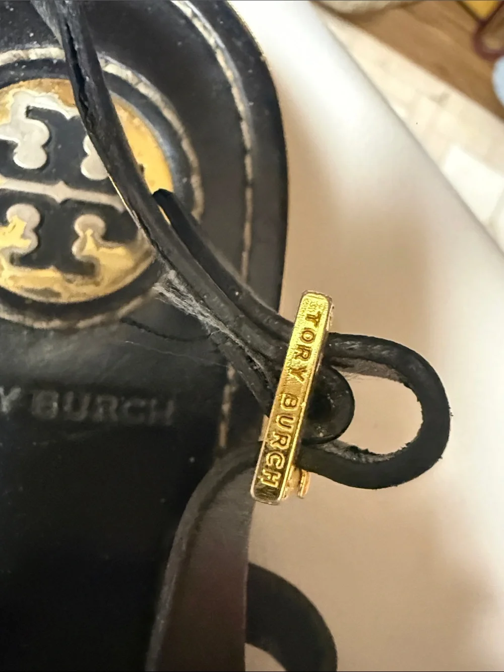 Tory Burch Black Leather Gladiator Sandals with Gold Studs